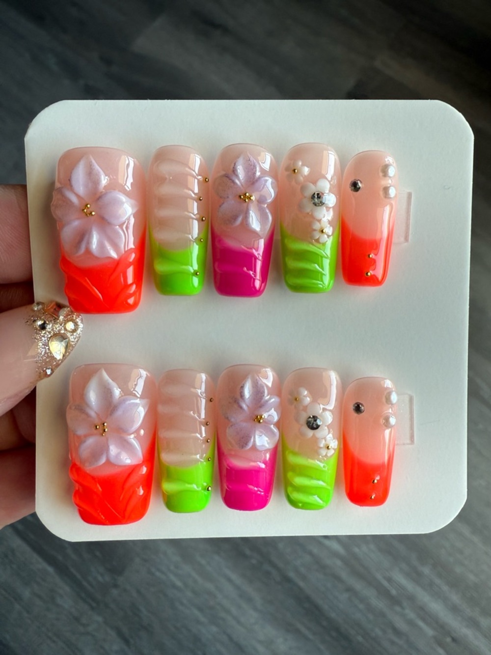 Neon Floral Press-On Nails - Pink, Green & Orange
